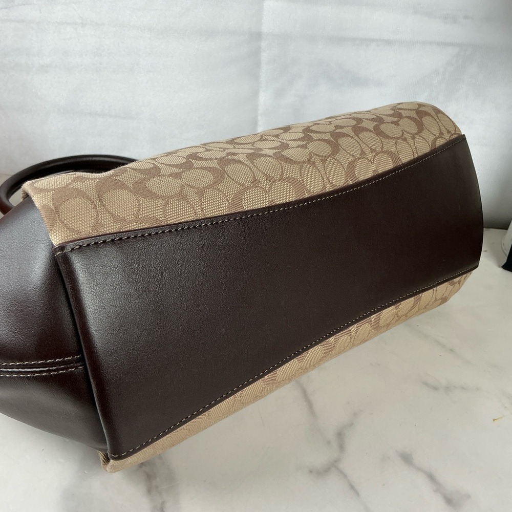 Coach Elise hand Crossbody Bag Brown Tan Signature Jacquard Satchel Fall Purse - Picture 6 of 10